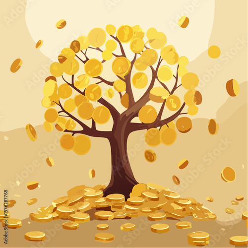Golden tree of wealth with falling coins symbolizing financial growth and prosperity