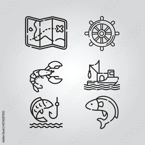 line art minimal fishing icon set vector