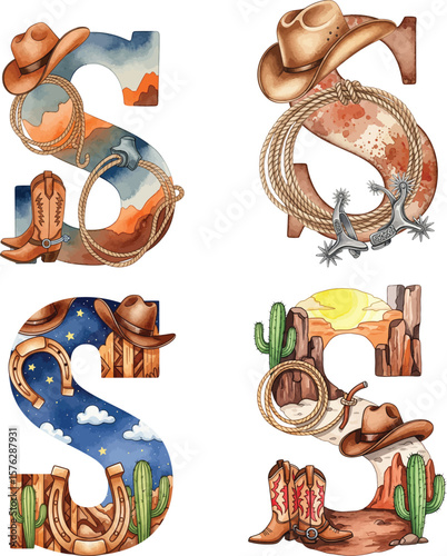 Watercolor Western Alphabet Letters H and S, Cowboy Themed Illustration Set.
