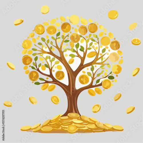 Golden tree of wealth with falling coins symbolizing financial growth and prosperity