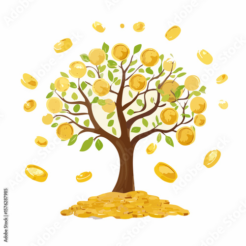 Golden tree of wealth with falling coins symbolizing financial growth and prosperity