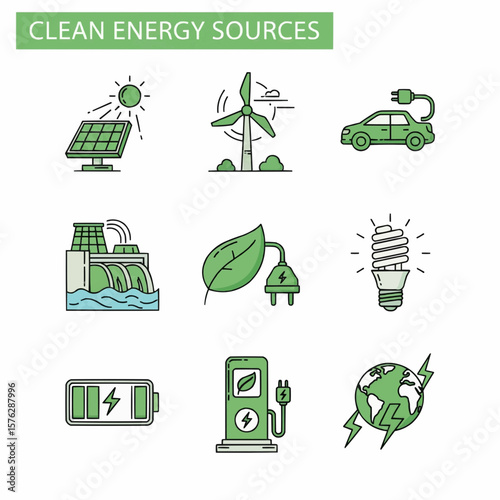 Illustration of Various Clean Energy Sources and Technologies in a Green Theme