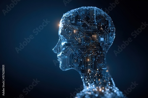 Cybernetic mind detailed head cyborg illuminated microcircuits embodying artificial intelligence technological progress