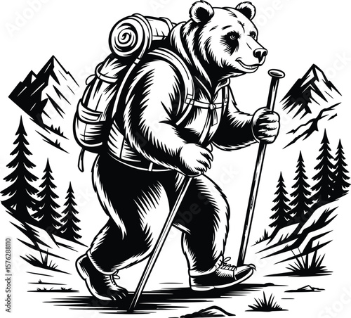 Grizzly Bear Hiking Adventure Majestic Mountain Trek Illustration