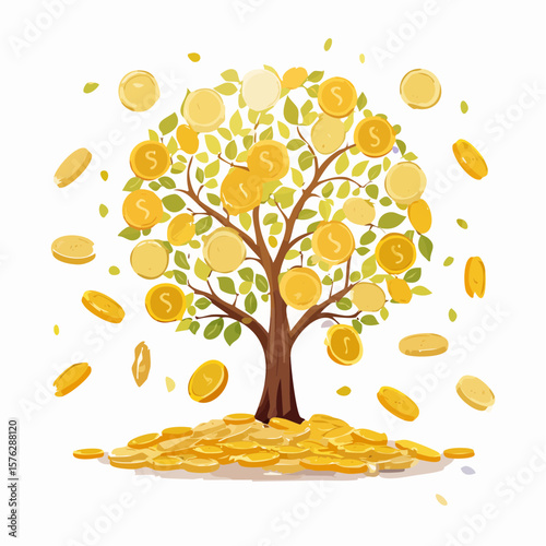 Golden tree of wealth with falling coins symbolizing financial growth and prosperity