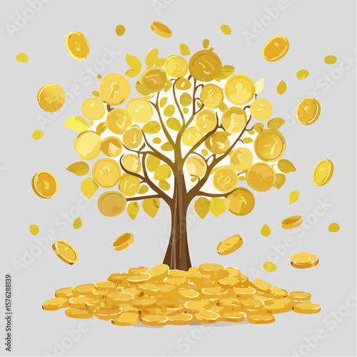 Golden tree of wealth with falling coins symbolizing financial growth and prosperity