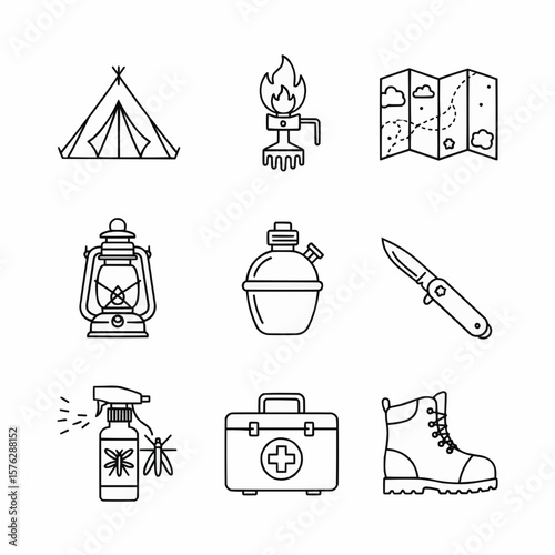 Set of Camping Equipment Icons Including Tent, Lantern, Knife, First Aid Kit