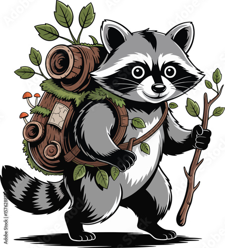 Adventurous Raccoon Backpacker A Whimsical Forest Wanderer Illustration