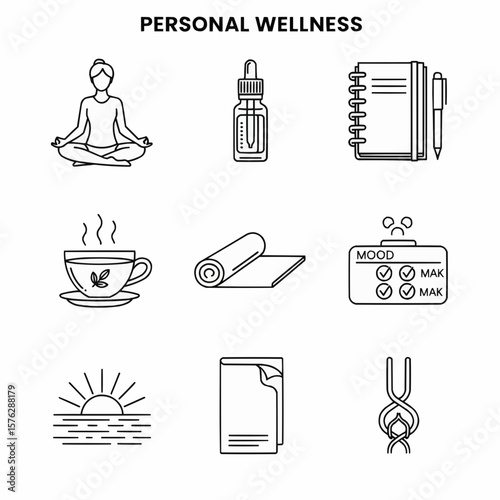 Minimalist Icons Representing Activities and Elements of Personal Wellness and Relaxation