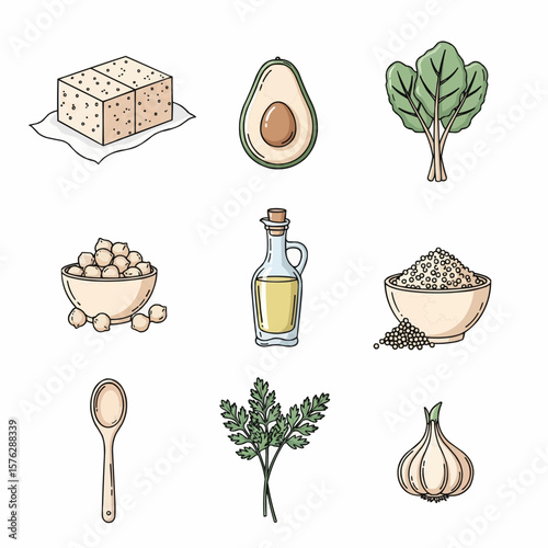 Vector illustration featuring assorted healthy ingredients like quinoa, garlic, chickpeas, avocado, spinach, parsley, olive oil, tofu, and a wooden spoon