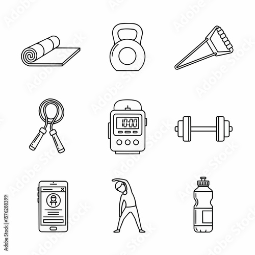 Set of Line Art Fitness Icons Representing Training and Healthy Lifestyle