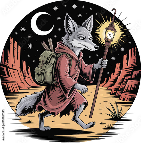 Desert Wanderer Coyote Shaman's Night Journey Under the Stars