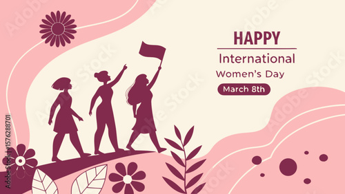 Happy international women's day celebration with women silhouettes and floral elements vector design