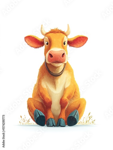 Cute farm life charming cartoon cow sitting looking straight embodying friendliness rural idyll