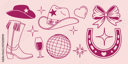 Set of Pink Cowgirl Disco vector elements. Hand drawn line art party icons including hat, boots, disco ball, horseshoe, cocktail for girly design, print, social media, and stickers.