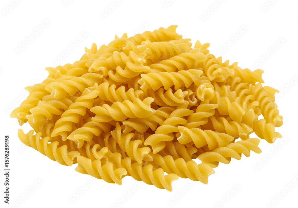 A pile of dry, uncooked fusilli pasta, white background isolated A pile of dry, uncooked fusilli pasta, white background isolated