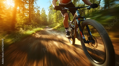 Fast mountain biking on a sunny trail
