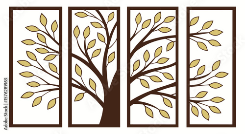 Stylized tree vector wall panels set. Modern graphic room divider illustration with brown frames and light leaves. Decorative screen element for home decor, print, and interior design projects.