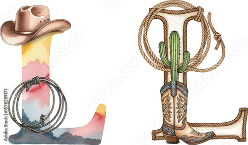 Hand-Drawn L Letter with Cowboy Boots, Lasso, and Desert Colors, Rustic Southwestern Illustration.