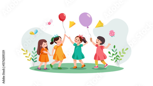Illustration of happy children playing with balloons in a park for childhood fun and outdoor activity designs