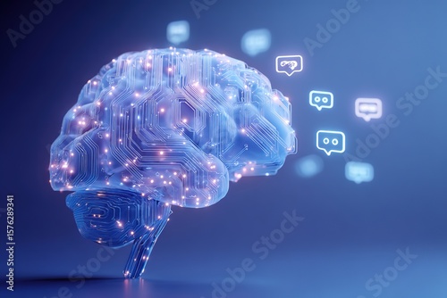Digital mind glowing brain-circuit data streams messages symbolizing artificial intelligence cloud technologies neural networks