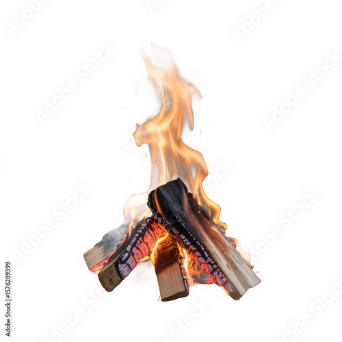 Vibrant orange flames dance atop burning logs on a rustic wooden surface isolated on transparent background