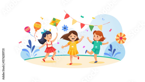 Children's party illustration with girls playing with kite balloons and decorations vector design