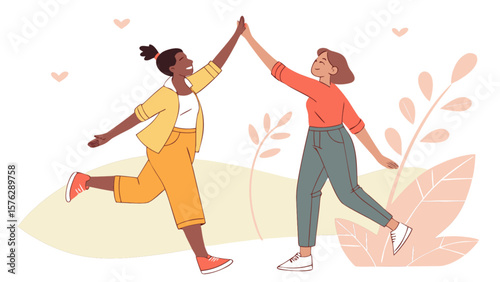 Two women high five celebrating success achievement teamwork friendship and collaboration concept illustration vector