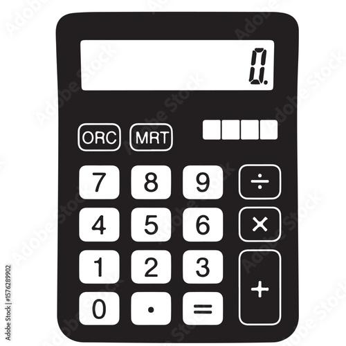Calculator illustration with black body and white buttons displaying "0.", vector design