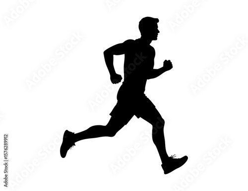 Silhouette of running man against white background, indicating speed and energy, perfect for sports, fitness, and active lifestyle concepts.