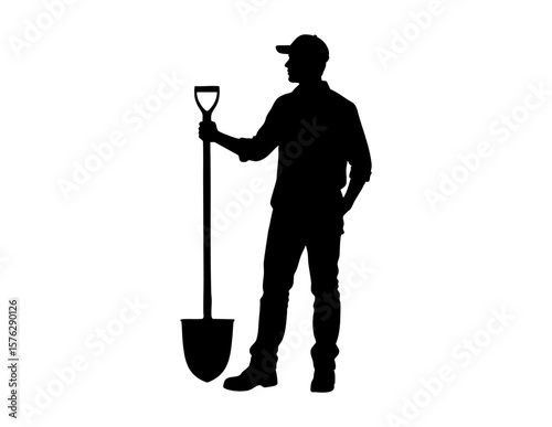 The image shows a mans silhouette holding a shovel, perfect for construction, agriculture, gardening, or laborrelated concepts in design projects.