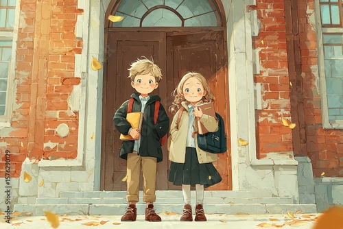 Illustration of two smiling schoolchildren, a boy and a girl, standing in front of a school building with books in hand and autumn leaves around them, symbolizing the beginning of the school year.