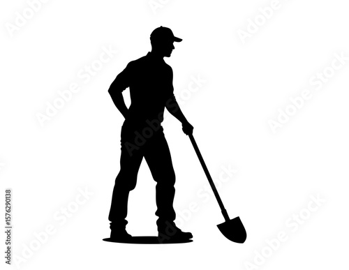 Silhouette of a man with a shovel, symbolizing construction, hard work, gardening. Great for business, labor, and construction concepts.