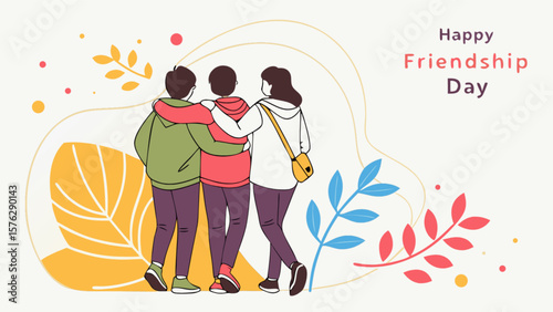 Happy friendship day illustration with friends hugging and celebrating friendship and togetherness day