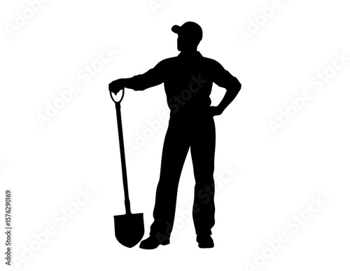 Silhouette of a man holding a shovel, symbolizing labor, construction, or gardening projects. Suitable for business, labor, and construction concepts.