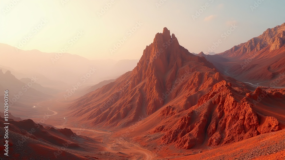 Naklejka premium Red Mountain Desert Landscape at Sunrise with Winding River Path
