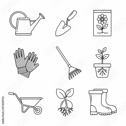 Gardening Tools and Essentials Line Icon Set for Plant Care