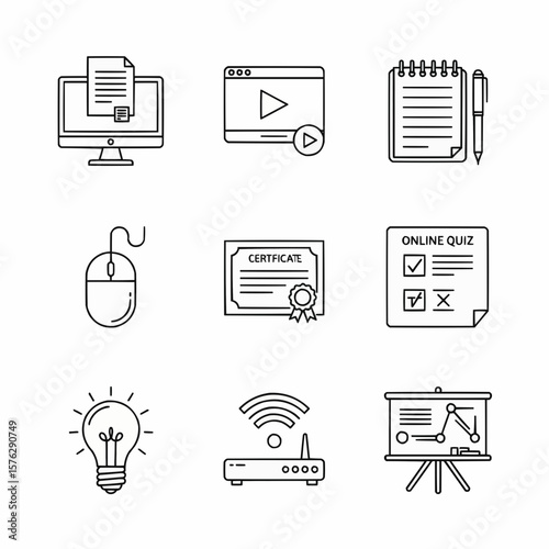 Set of line style icons representing online education, certifications, e-learning tools, and knowledge growth for educational and professional contexts.