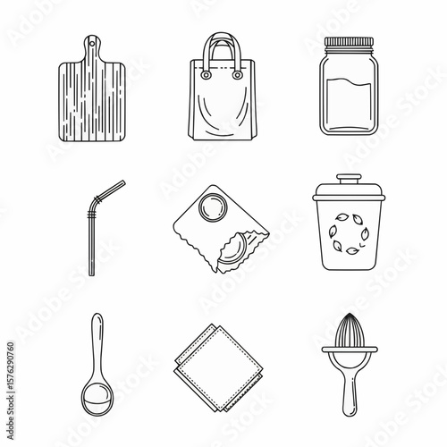 Set of Minimalist Line Icons for Eco-Friendly Kitchen and Household Items