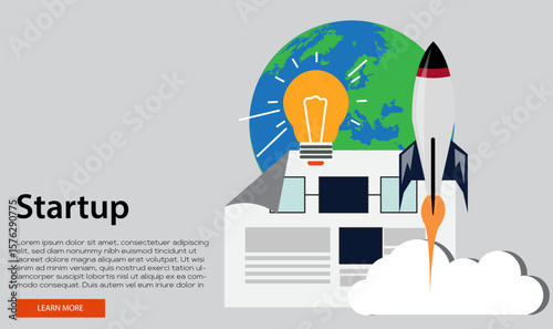 Startup concept graphic with stylized globe, yellow light bulb, rocket launching from document,symbolizing innovation