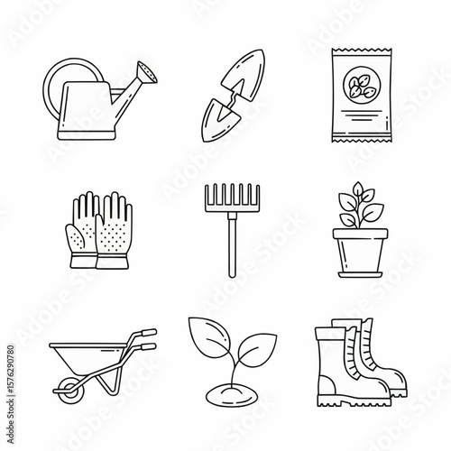 Gardening Tools and Essentials Line Icon Set for Plant Care