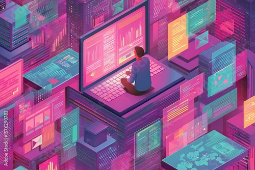 Person sitting on a giant laptop surrounded by a cyberspace landscape of holographic data windows and graphs, reflecting the concept of a data analyst or software developer in a digital ecosystem
