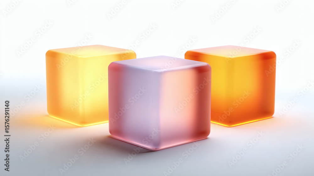 Fototapeta premium Three illuminated, translucent cubes of different colors on a white backdrop.