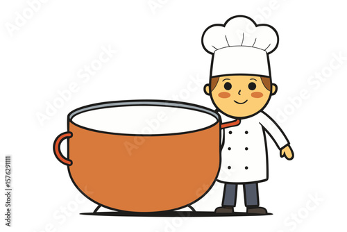 Chef and Giant Pot: A cartoon chef proudly stands beside an enormous pot, ready for culinary adventures.