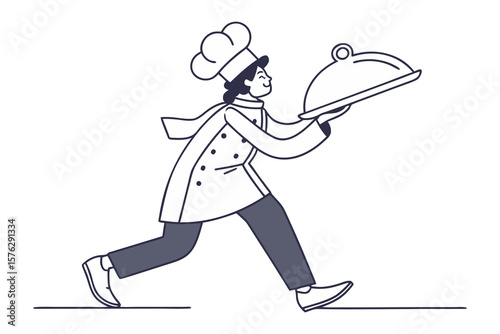 Speedy Gourmet Delivery: A culinary artist is captured mid-stride, gracefully carrying a silver cloche containing a gourmet dish, a symbol of speed and culinary excellence.