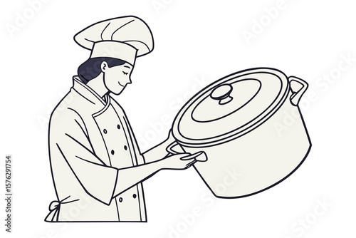 Chef with Pot: A line art illustration of a chef holding a large pot, ready to serve culinary delights.