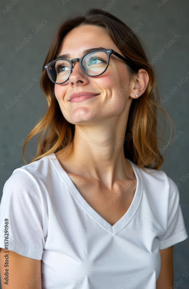 Fototapeta premium smiling woman in white t-shirt and glasses looking away. casual and confident expression against gray background. portrait photography, lifestyle, fashion