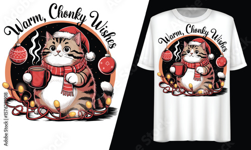 Warm Chunky Wishes Cat with a Cup of Hot Coffee, T-Shirt Design.