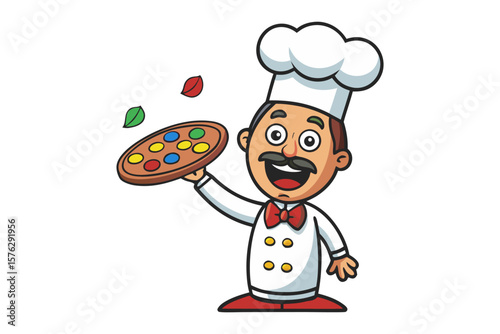 Chef's Delight: A jovial chef, adorned in traditional attire, presents a freshly baked pizza with a flourish of ingredients in a stylized cartoon illustration.