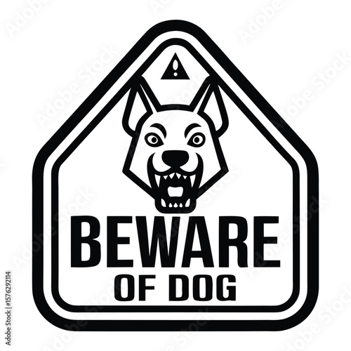Aggressive dog beware sign with fierce canine head and warning text
